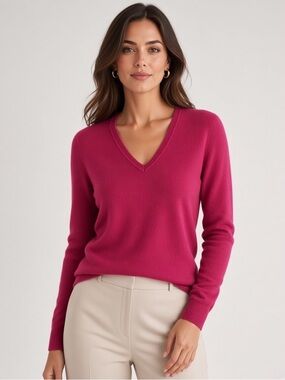 Tweeds 100% 2-Ply Cashmere V-Neck Sweater Magenta Pink | Size S